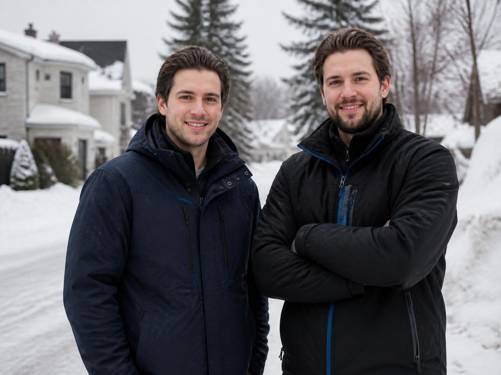 Les deux partenaires d'Alaskan Déneigement devant une rue enneigée